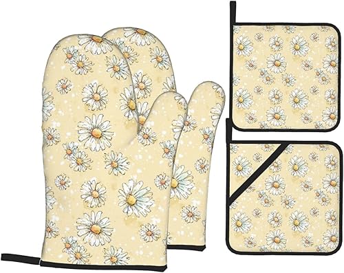 Miniatura 117 de Manoplas de horno y soportes para ollas, arte de mármol blanco y dorado, juego de 4 guantes de cocina resistentes al calor, antideslizantes