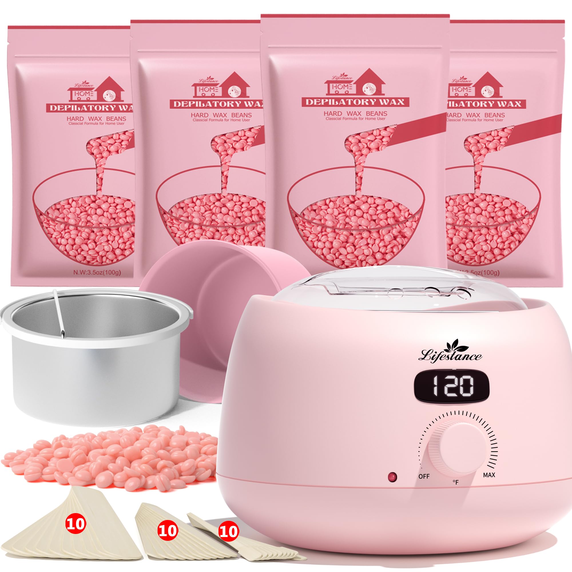 Lifestance Chauffe Cire Epilation Professionnelle pour Femme Avec 400g Perles de Cire, 30 Bâtonnets de Cire et Un Bol en Silicone pour Tout le Corps