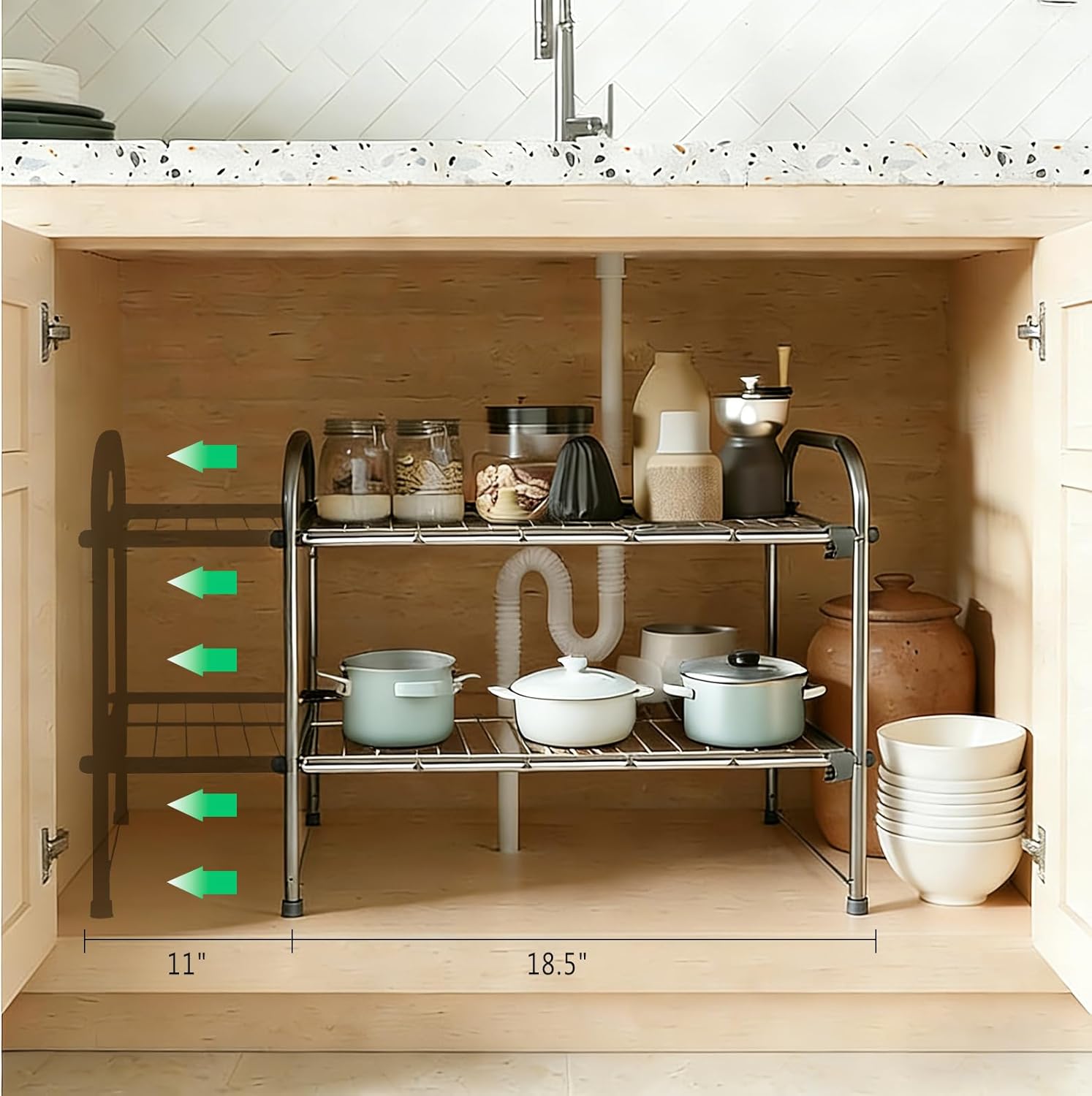 Under Sink Organizers and Storage，2 Tier Expandable Under Cabinet Organizer Shelf for Under Kitchen Bathroom Sink Organizers and Storage