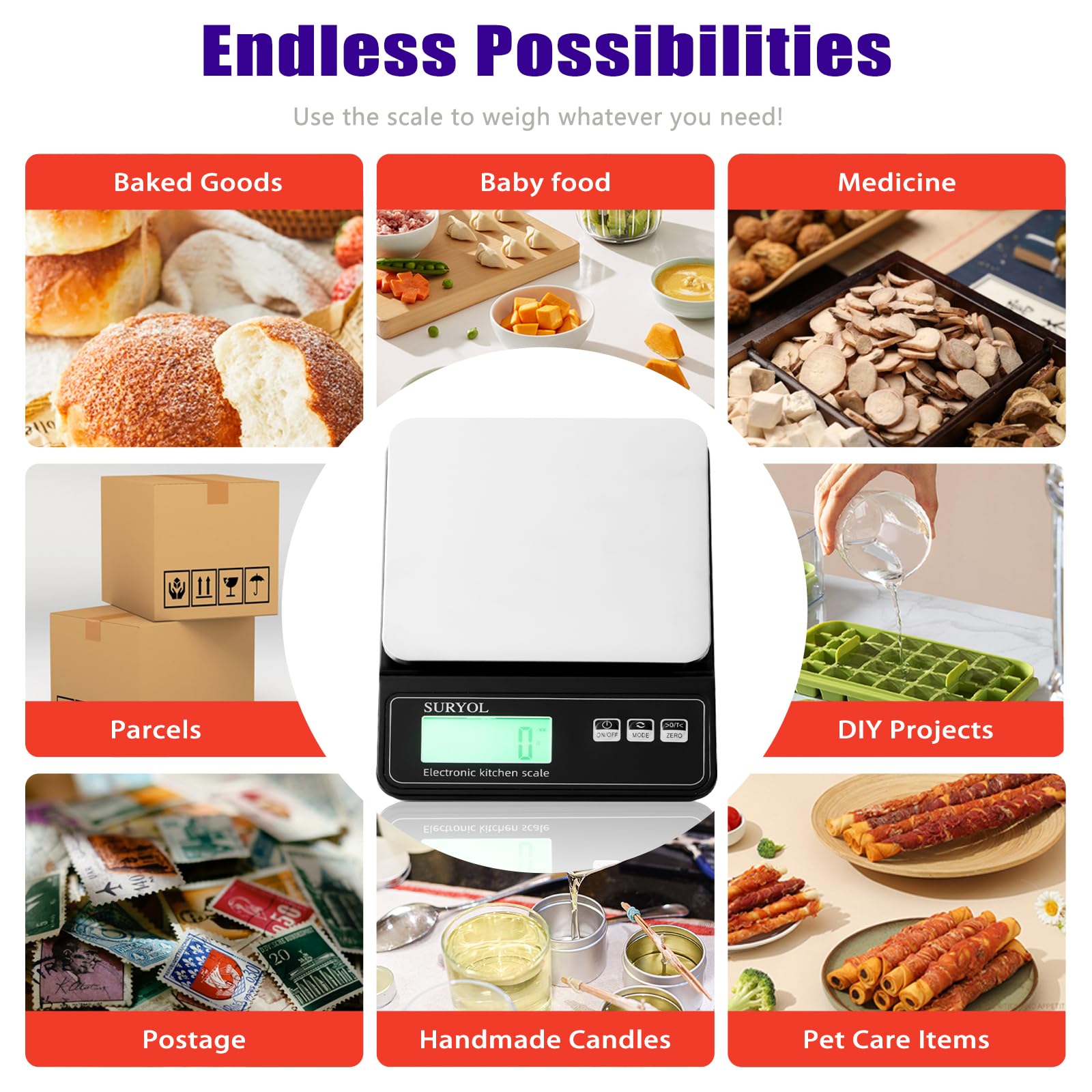 Báscula digital de alimentos de 0,5 g/0,1 oz – 11 libras, 5 unidades, vidrio templado y acero inoxidable, báscula de peso de alimentos en gramos y onzas para cocinar, hornear