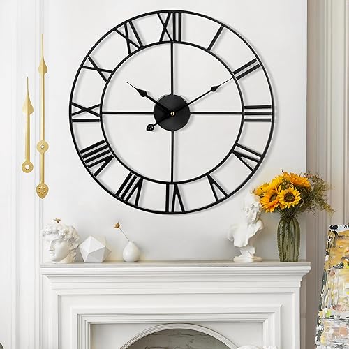 Miniatura 8 de Reloj de pared grande  16 pulgadas reloj de pared de metal silencioso sin tictac, negro, estilo moderno vintage, funciona con pilas, ideal para sala