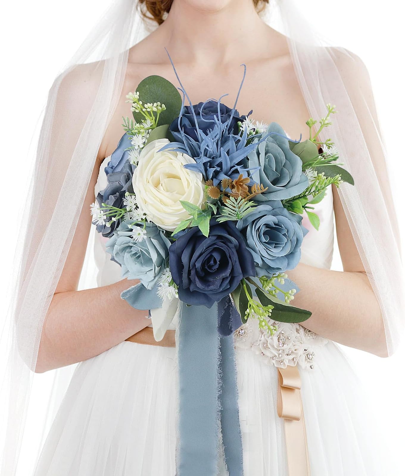 Bridal Bouquets for Wedding - Artificial Flower Bouquets for Bride Pre-Made Roses Bouquets for Vintage Wedding or Centerpieces Decoration - Navy & White