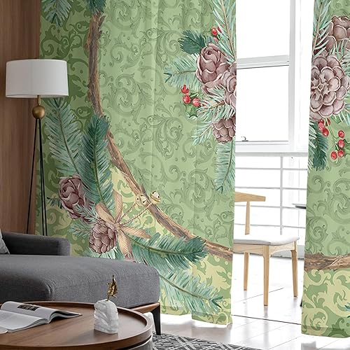 Miniatura 4 de 2 cortinas de gasa semitransparentes de Navidad verdes de 96 pulgadas de largo, paneles de cortina de gasa con bolsillo para barra, cortinas