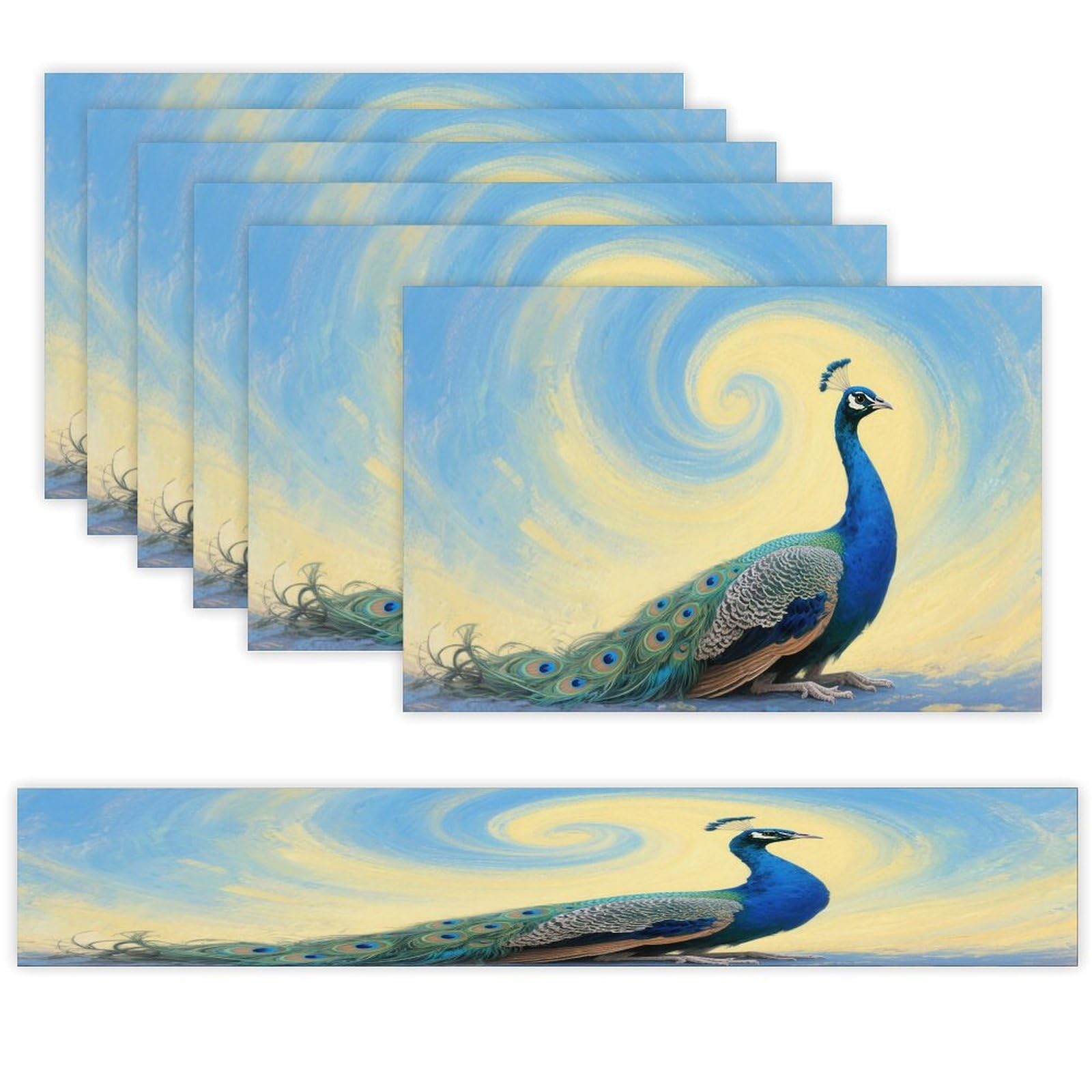 Elegant Peacock Table Runner and Placemats Set of 7 Linen Table Mat Non-Slip Place Mats Washable Placemat Heat Resistant Place Mat with Table Runner for Party Dining Decor