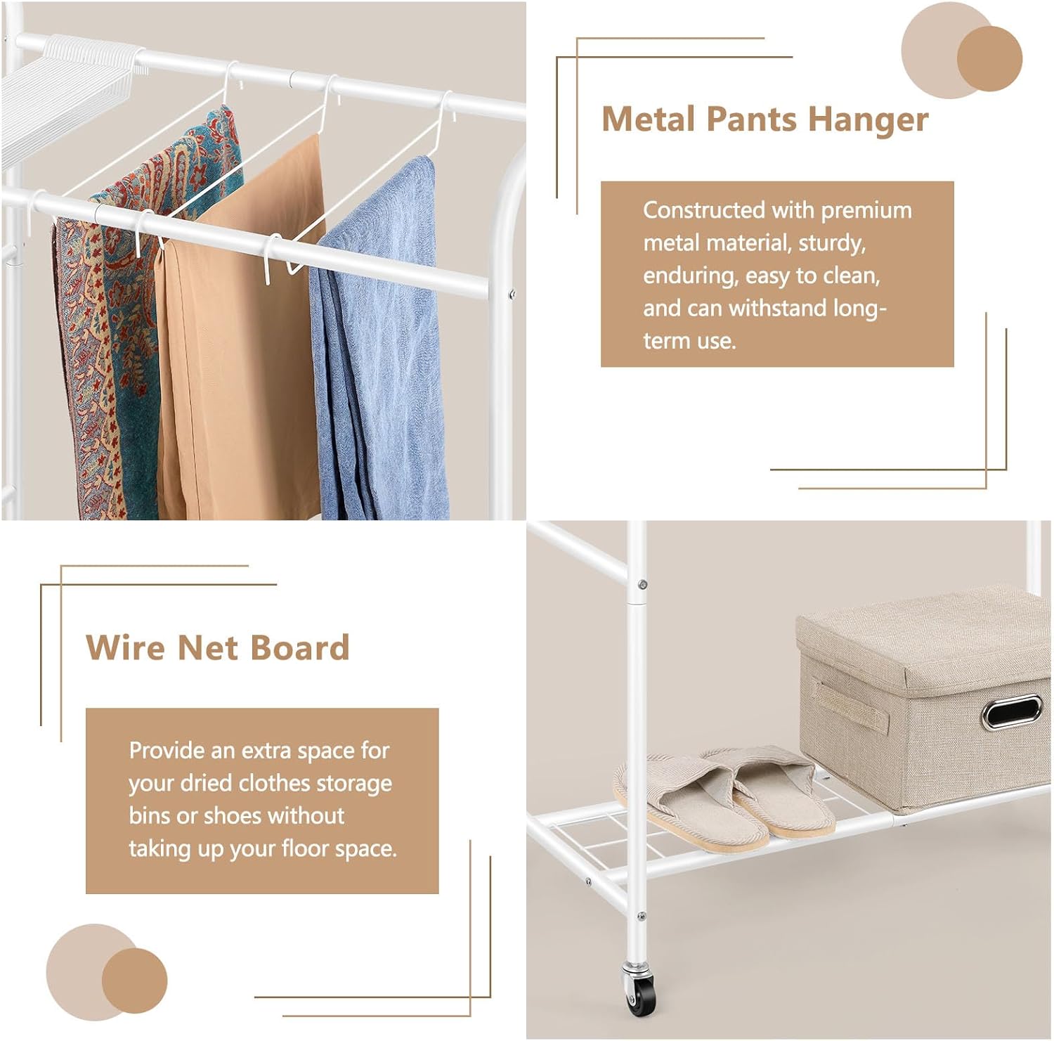 OYEAL Rolling Pants Trolley Trouser Hangers with 30 Pant Racks 2 Tier Pants Hangers with Storage Shelf and Wheels Pant Storage Organizer for Clothes Towels Jeans Scarves, White