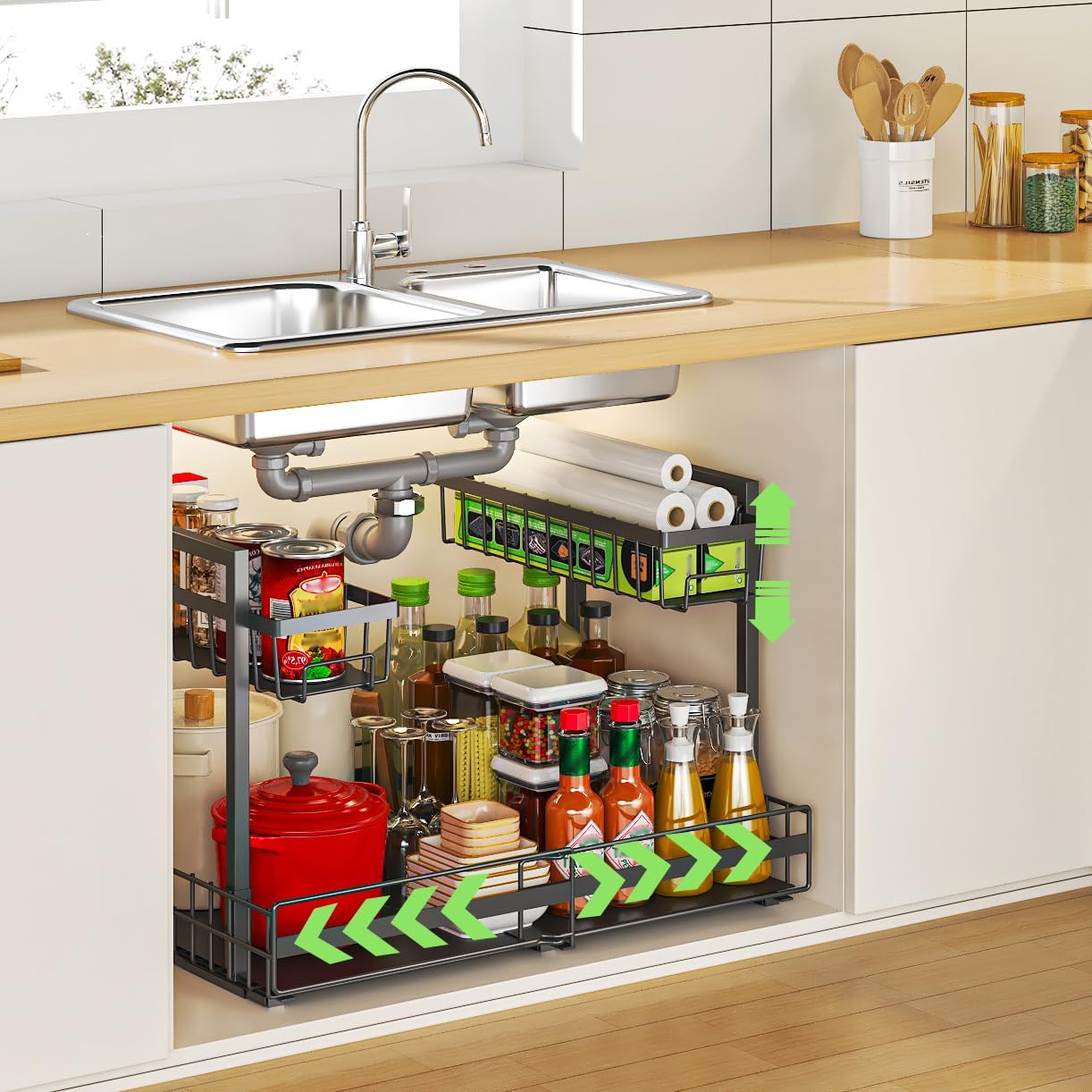 YunNasi 2 Tier Expandable Cabinet Baskets, Extendable Sink Organiser, Base Cabinet Organiser, Multifunctional Shelf for Kitchen, Bathroom, Cupboard, Wall Cabinet (White) image 4