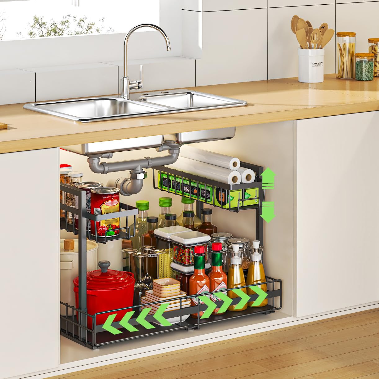 YunNasi 2 Livelli Cassetto Estraibile per Cucina, Cestelli Sottolavello, Portaoggetti e Organizzazione della Cucina, Organizzazione Sottolavello Multiuso per Bagno, Armadio, Credenza (Nero)