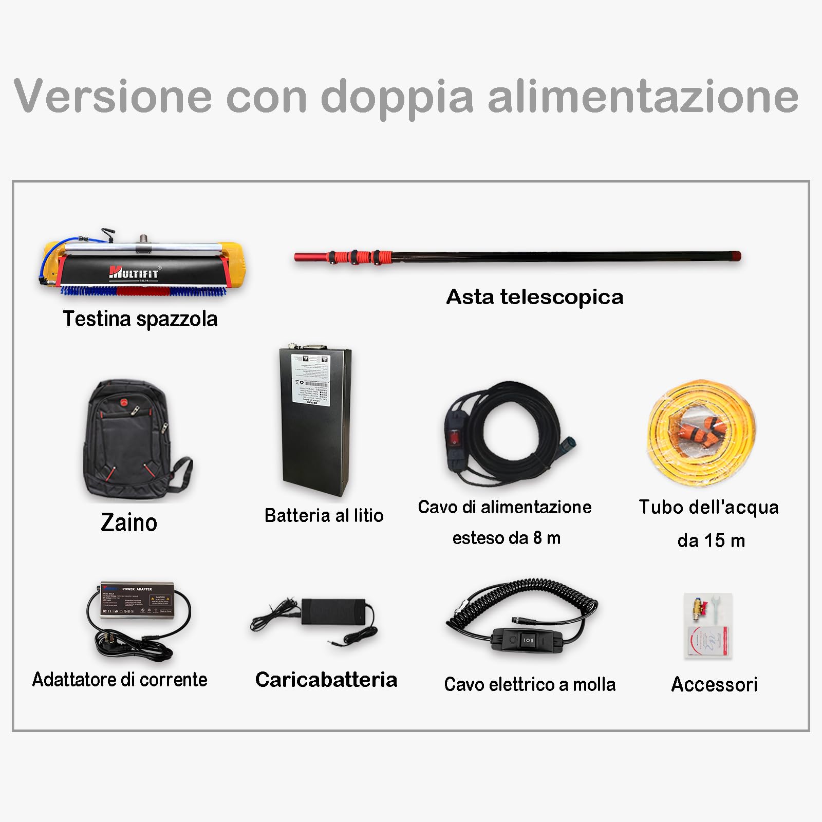 Sistema di pulizia solare di punta, doppia alimentazione, asta in fibra di carbonio da 7,5 metri, 420 giri/min, soluzione professionale, pulizia altamente efficiente