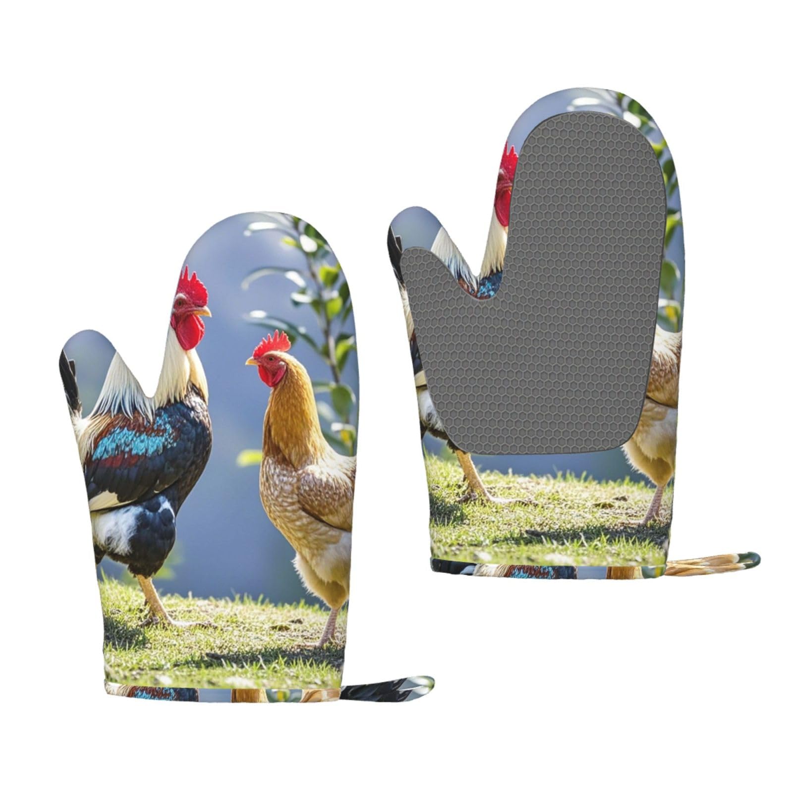 Oven Mitts Sets of 2 Heat Resistant Kitchen Gloves Rooster and hen Oven Mitts BBQ Oven Gloves Non-Slip Silicone Oven Mitts Waterproof Cooking Safety Gloves for Kitchen