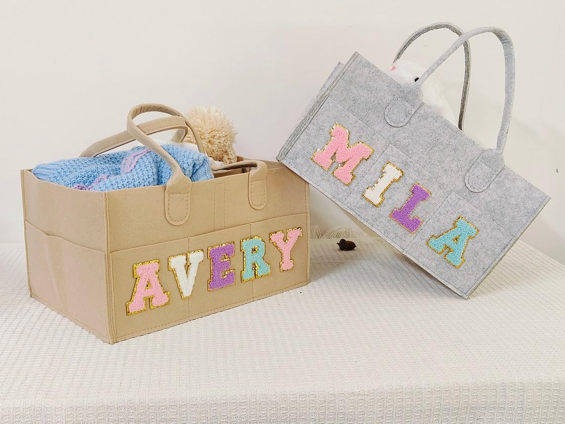 Personalized Baby Diaper Caddy, Easter Basket, Nursery Storage Bin for Changing Table, Baby Shower Basket for Newborn, Baby Shower Gifts, New Mom Gifts, Car Caddy, Chenille Letter Patches