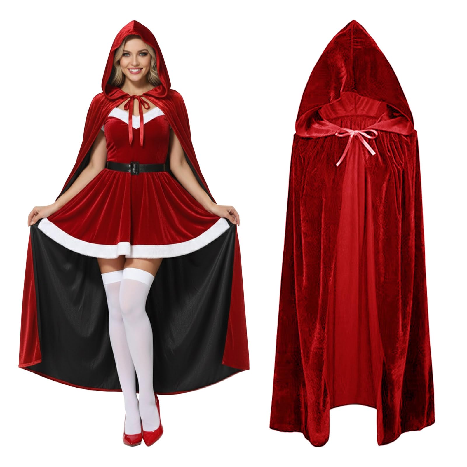 Pinkgarden Velvet Hooded Cloak for Adults, Unisex Halloween Cape, Witch Cosplay Costume, Long Hooded Robe for Party & Fancy Dress (Red, 150cm) — image 1
