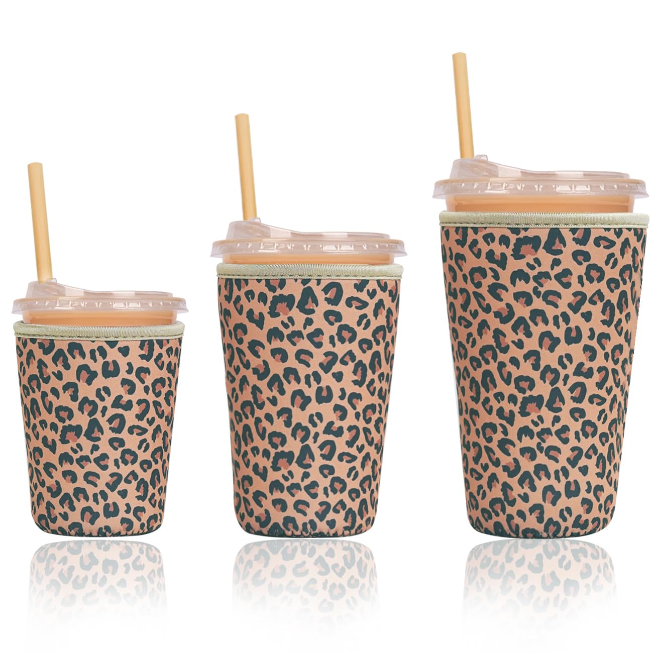 Reusable Insulated Sleeve for Iced Coffee Cup, 3-Pack Coffee Neoprene Drink Sleeve for Cold &amp; Hot Drinks, Beverage Holder for Iced Coffee (Brown Leopard)