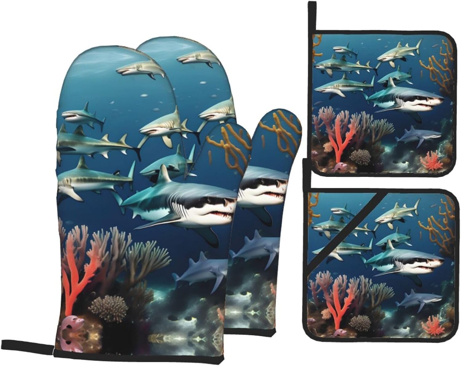 Sharks under the sea Oven gloves and heat-resistant mat 4-piece set. Suitable for grilling, microwave oven frying, and baking