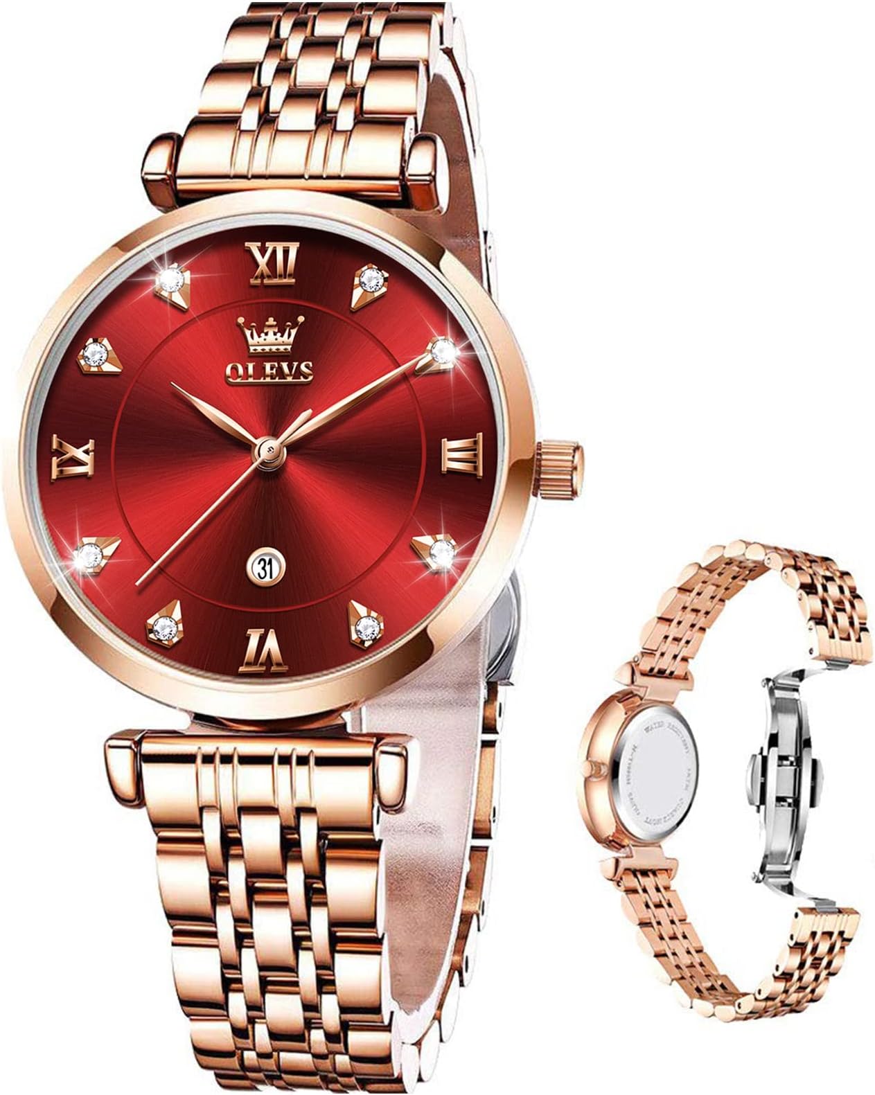 OLEVS Women Watches Simple Dress Ladies Watch Rose Gold Stainless Steel Watch Waterproof Quartz Date Luxury Diamond Small Wristwatch Fashion Analog Female Reloj Mujer Blue White Green Red Yellow Face