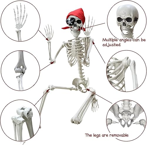 Miniatura 4 de Wocst Esqueleto de tamaño real de Halloween de 5.4 pies, huesos humanos de plástico, articulación móvil con sombrero de capitán pirata y parches de