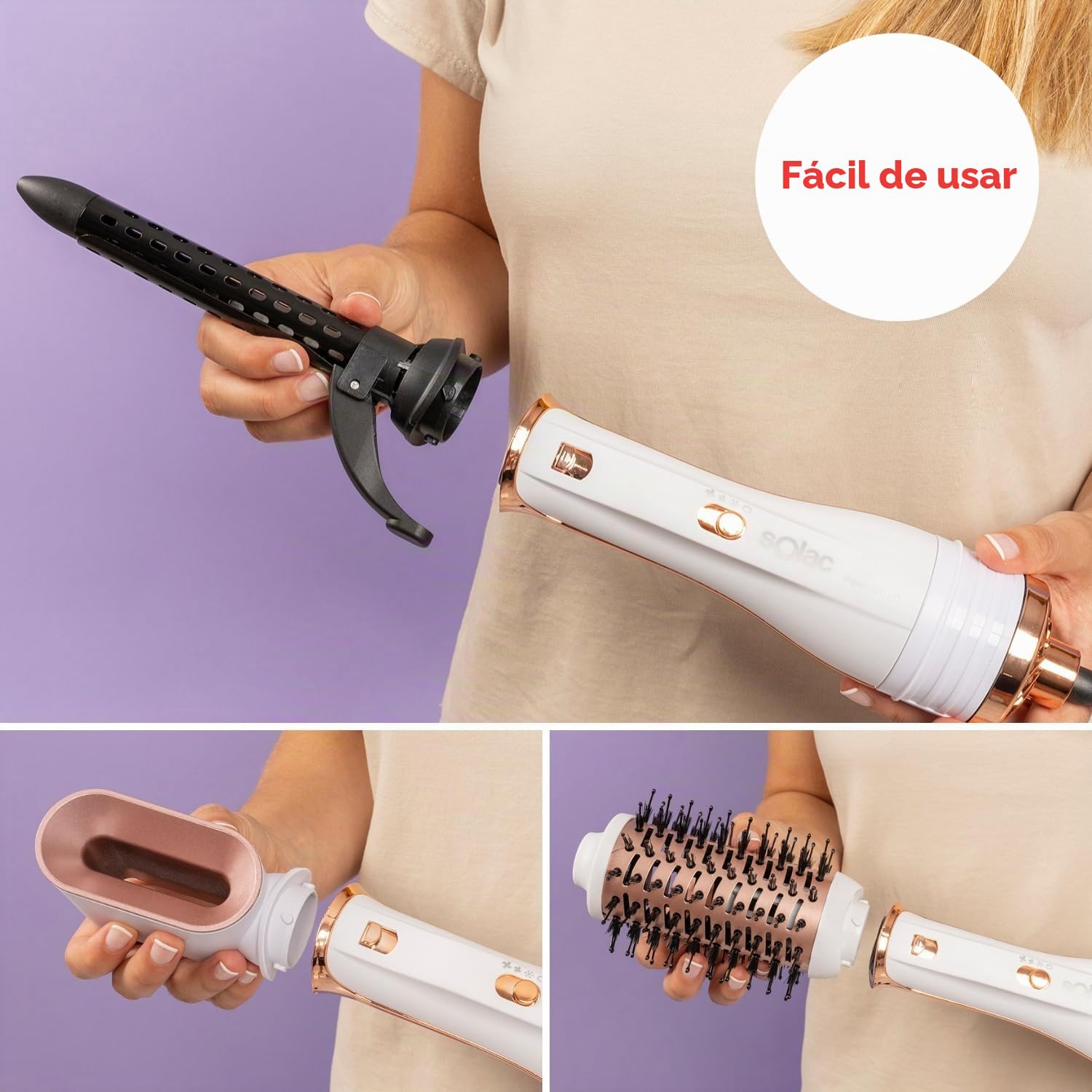 Solac - Moldeador de Pelo Expert Ion Flow, 6 en 1, 1200W, 6 Cabezales, Secador Alisador, Rizador, Cepillo Volumen y Ondas, 3 Velocidades y Temperatura, Antiencrespamiento
