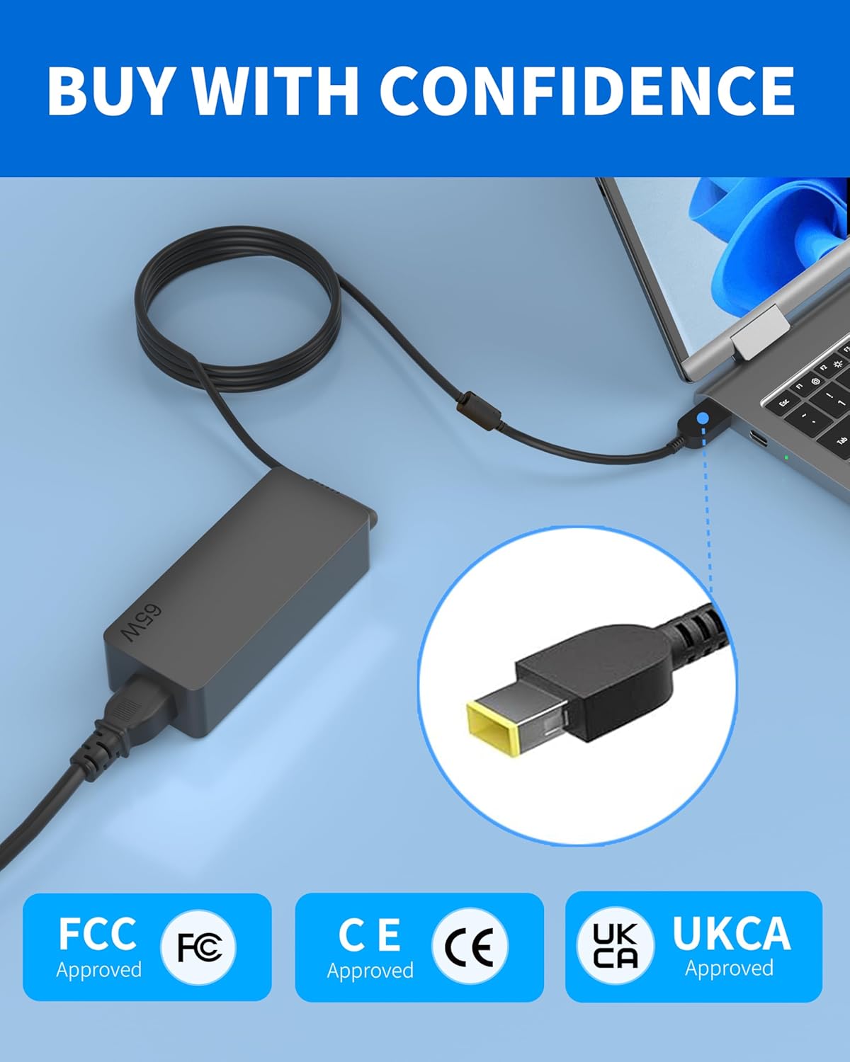 Charger for Lenovo Laptop Charger 65W, Compatible with Lenovo Laptop Thinkpad T440 T450 T460 T470 X240 X250 X260 X270 E550 E560 L440 L450 E440 E450 Yoga 260 Yellow Square Tip AC Power Supply Cord image 6 of 8 B0FJRMTKH6