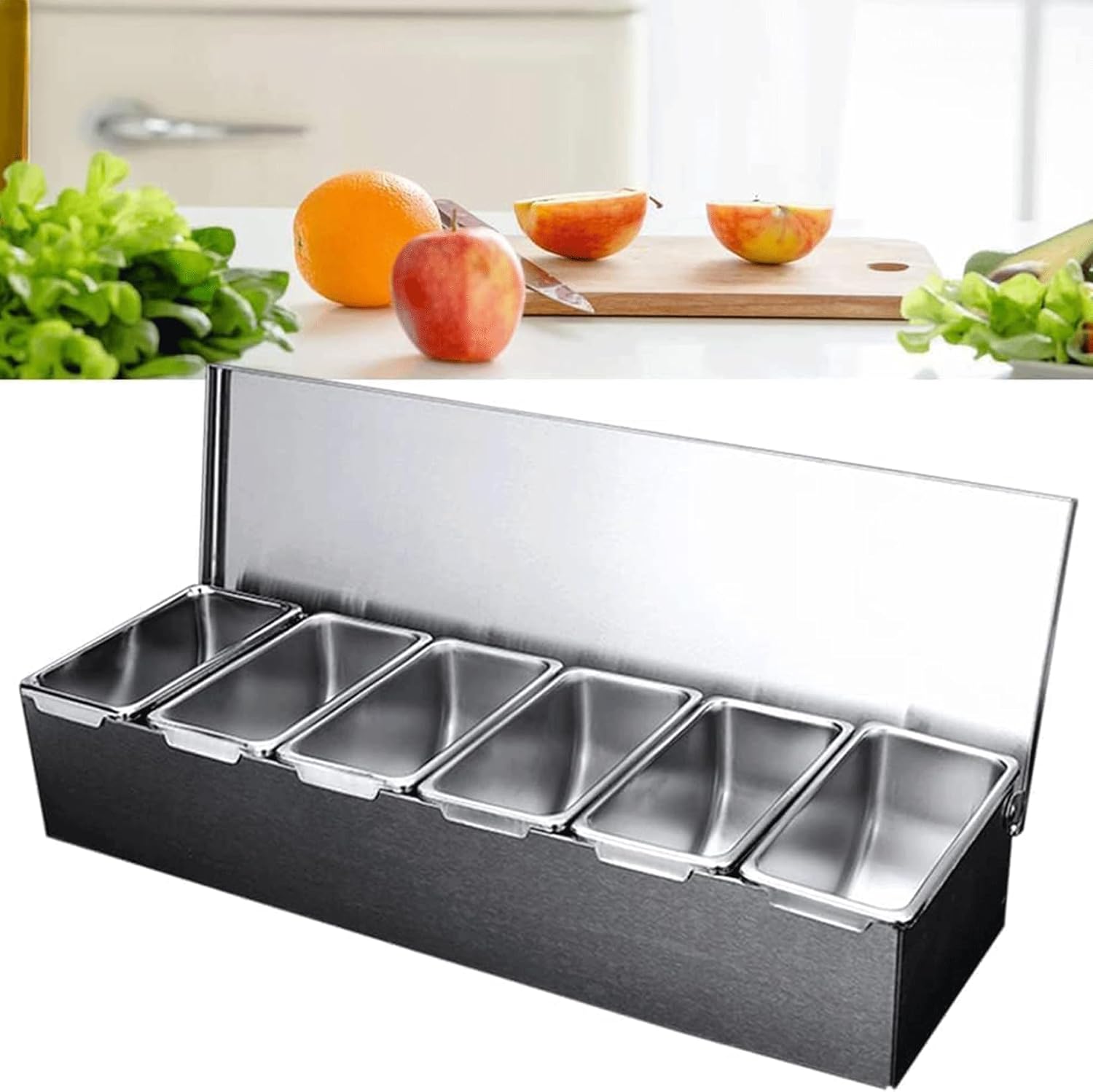 6 Compartment Trays, Stainless Steel Detachable Topping Station with lid Pizza Ingredients Condiment Dispenser Reusable Ice Cooled Condiment Seasoning Container
