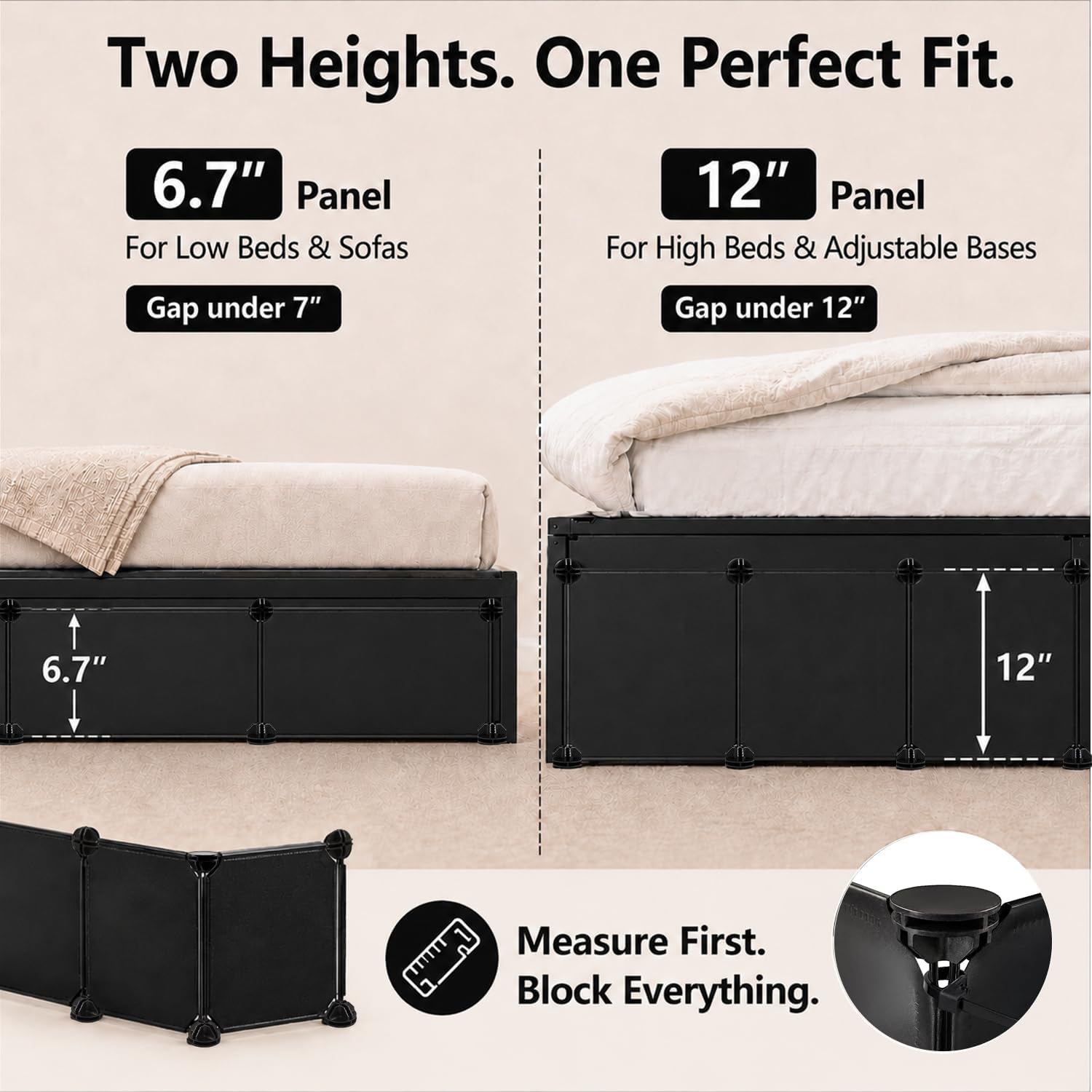 Under Bed Blocker for Pets – 7 Pack Covers One Side of Queen Bed, 11.8" Tall Panels Stop Dogs & Cats Hiding Under Bed, Includes Zip Ties, Connectors & Adhesive, Black