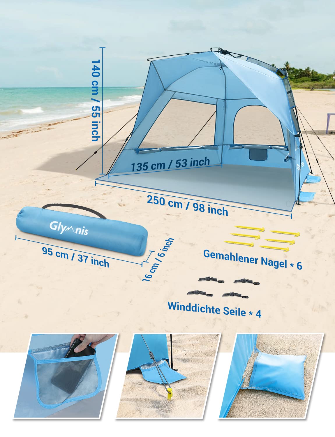 Glymnis Strandmuschel Quick Up Strandzelt Automatisches Strand Zelt UV-Schutz 50+ Windschutz Sonnenschutz mit Quick-Up System kleines Packmaß für 4-5 Personen