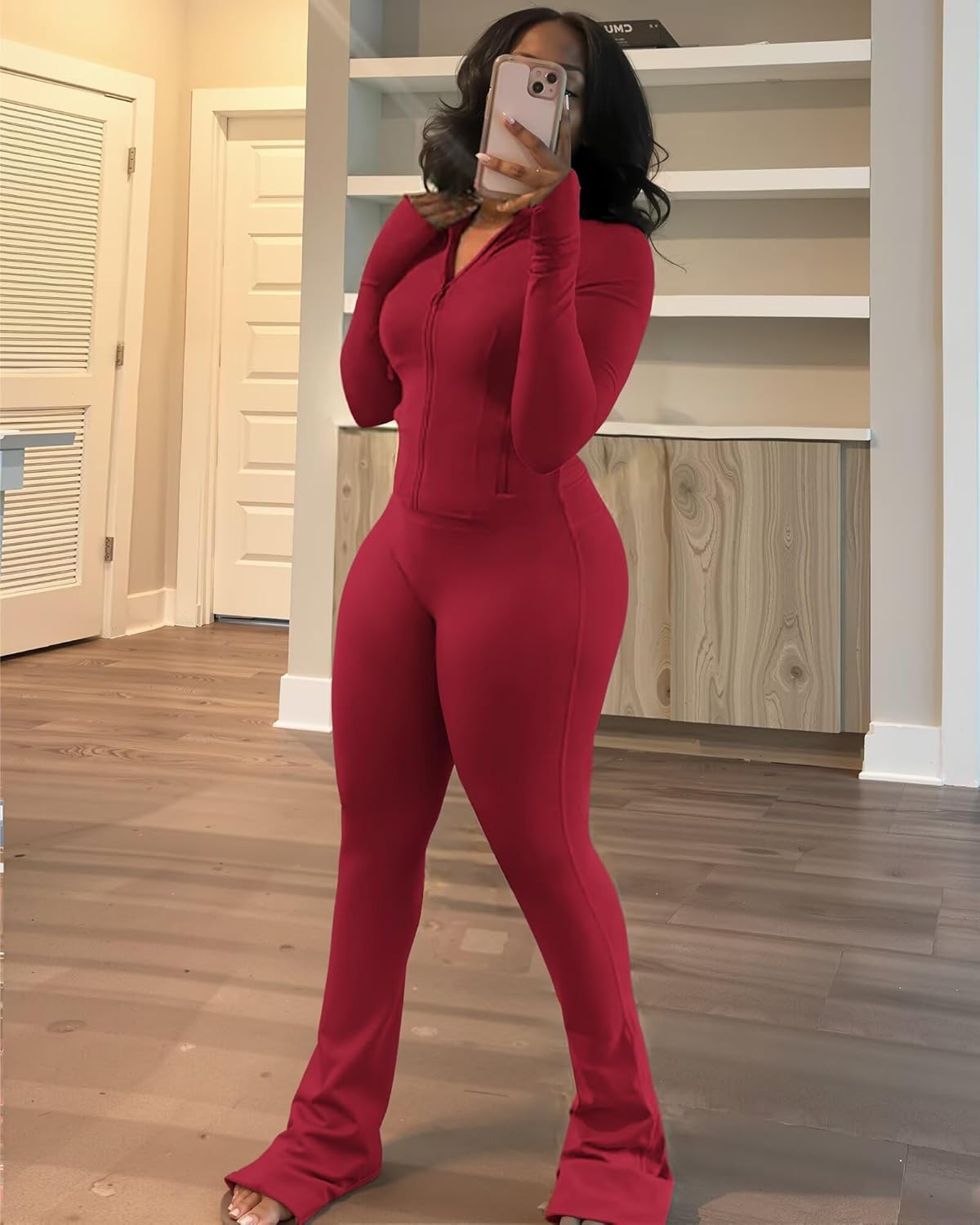 Adogirl Women 2 Piece Outfits Tracksuit Set Long Sleeve Full Zipper Crop Jacket and Flare Pants Workout Set With Pockets