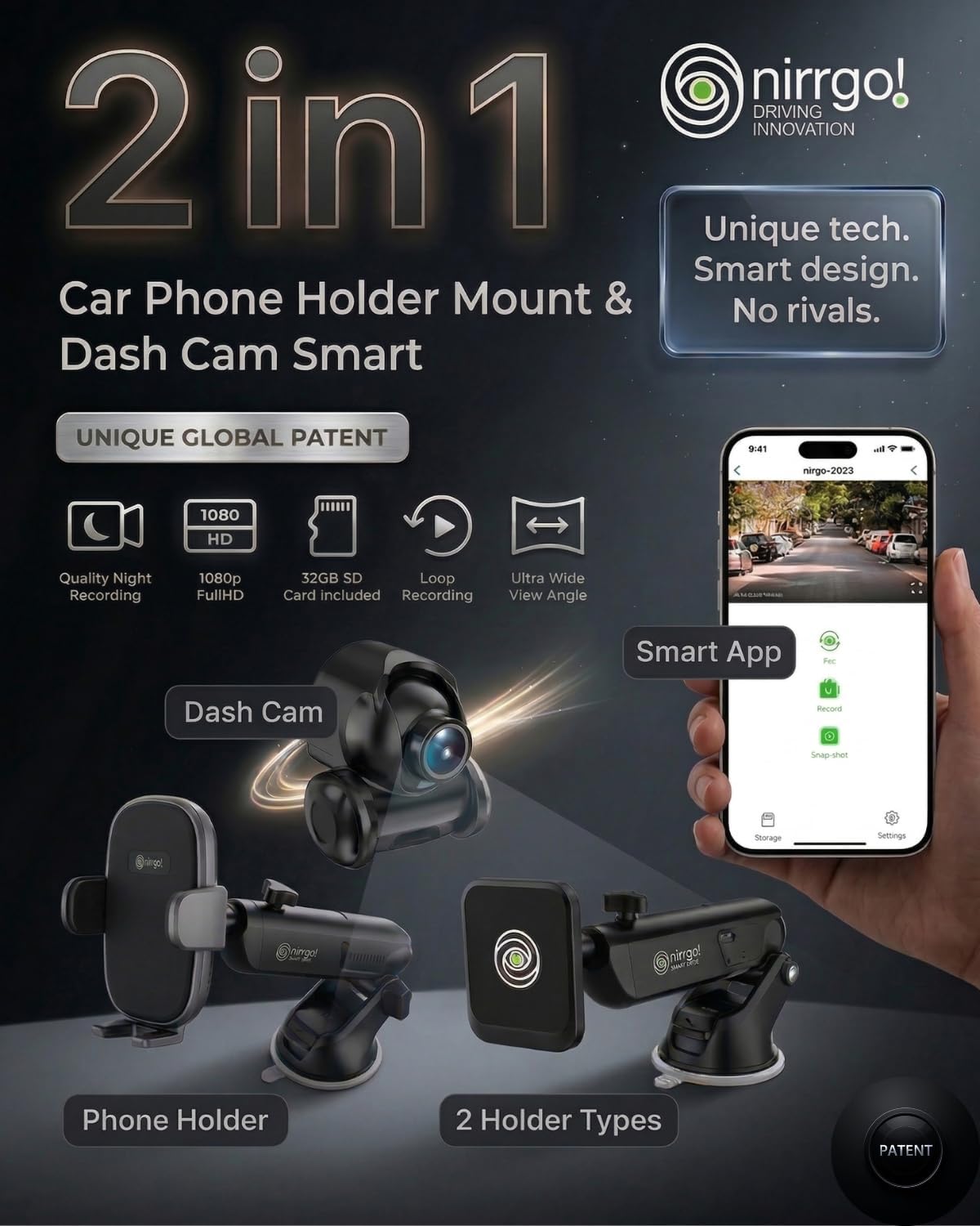 NIRRGO 2-in-1 Car Phone Holder Mount & Dash Cam Smart | 1080p Loop Recording Car Camera | Accident Evidence & Navigation | Essential & Road Trips & Night Vision (32GB Card Included)