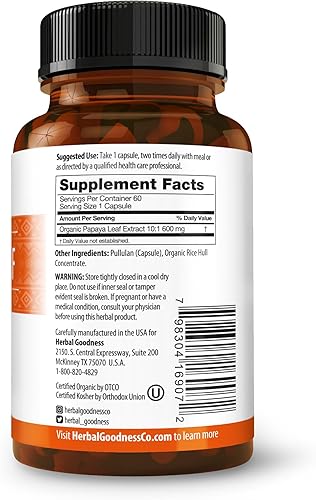 Miniatura 3 de Extracto de hoja de papaya enzimas digestivas - 10 cápsulas vegetales de 60/600 mg, plaquetas sanguíneas, soporte de médula ósea y bazo, inmune