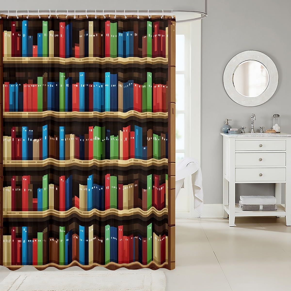 Pixel Vedio Game Kids Shower Curtains,Pixelated Bookshelf Bookcase Bathroom Curtain,Books Modern Building Games Home Decor,Colorful Waterproof Curtains,12 Hooks Suits,72" W x 78" L