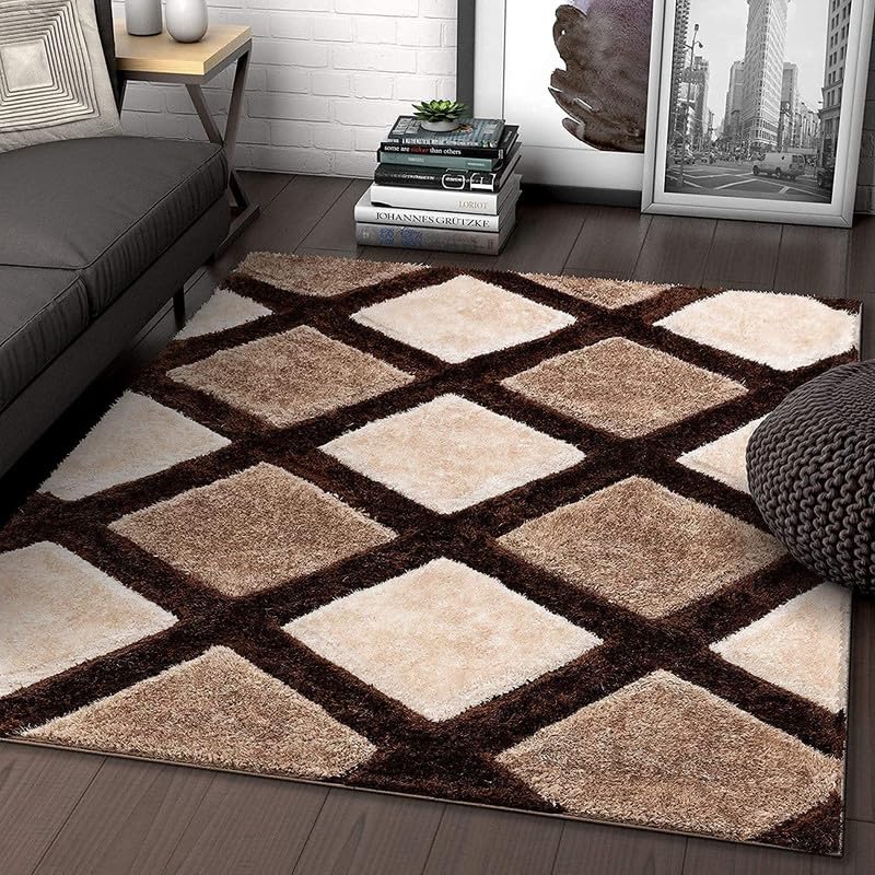 Image of Shaggy Area Rug for Living Room and Bedroom 12X15 FT Soft Plush Floor Carpet with Fluffy Texture, Modern Decorative Rug,Bedside and Indoor Spaces,Brown-Beige-Ivory