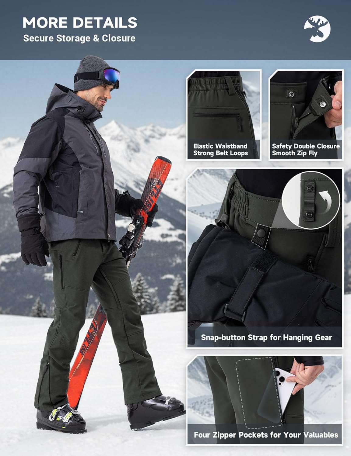 Moosehill Mens Snow Ski Pants: Fleece Lined Softshell Waterproof with Vents & 4 Zip Pockets for Thermal Winter Outdoor - Image 7