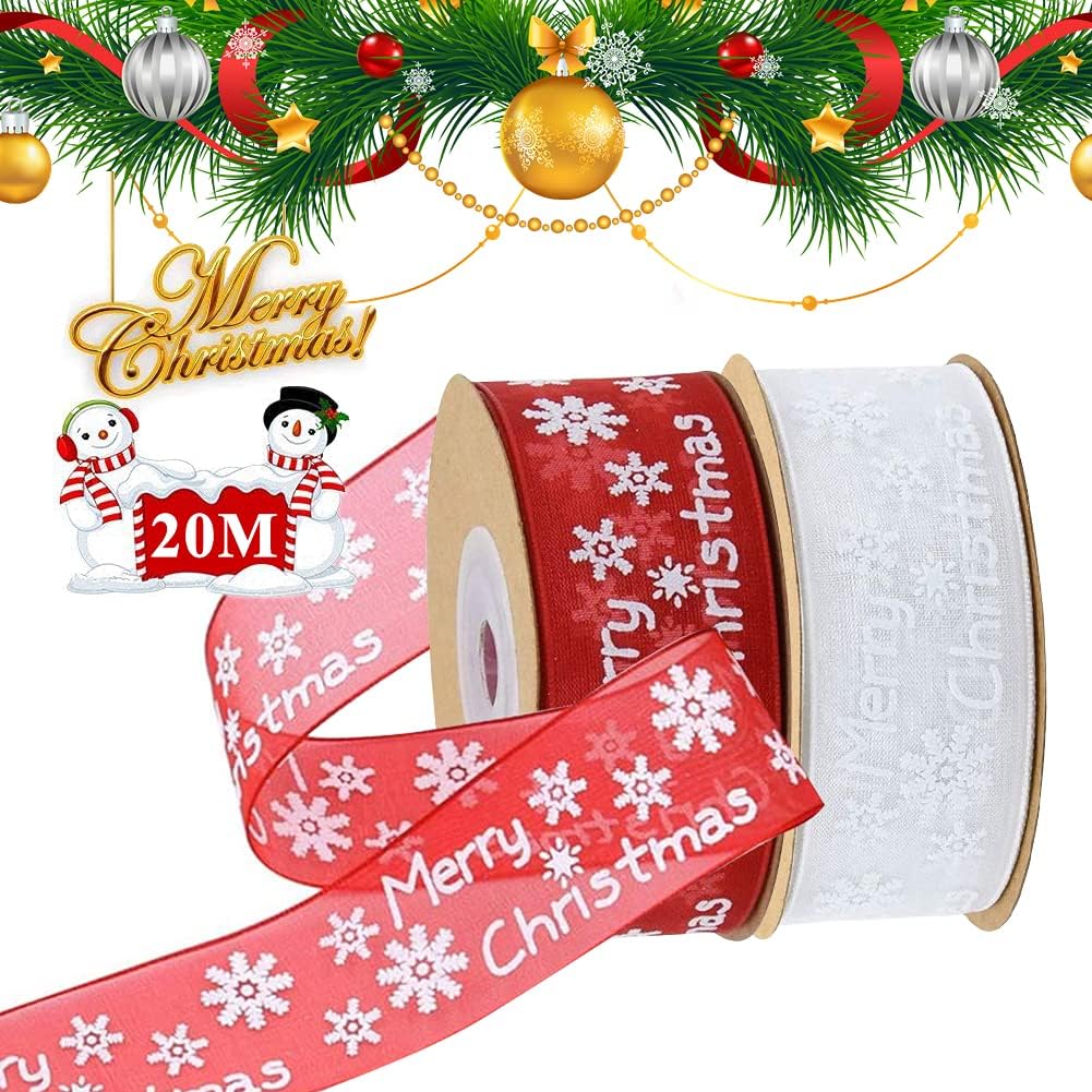 Organza Ribbon 2 Rolls, Red White Organza Merry Christmas Ribbon 25mm