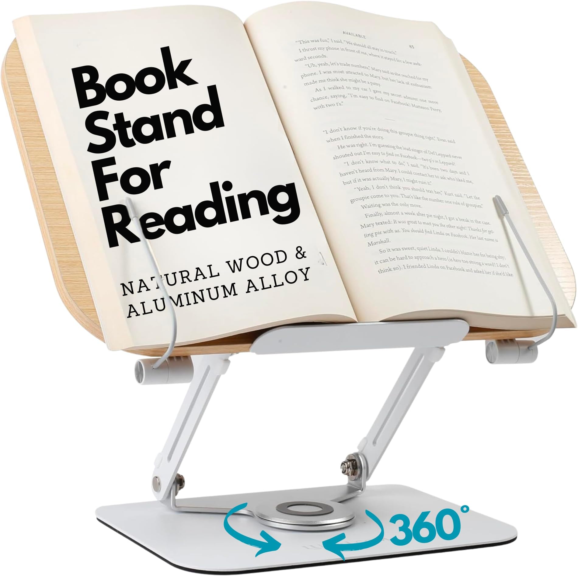 Book Stand for Reading - Adjustable Recipe Book Holder Stand with 360° Swivel Base, Aluminum & Wood Stand for Kitchen, Hands-Free, Foldable Cook Book Stand for Desk,Tablets, Laptop, Textbook