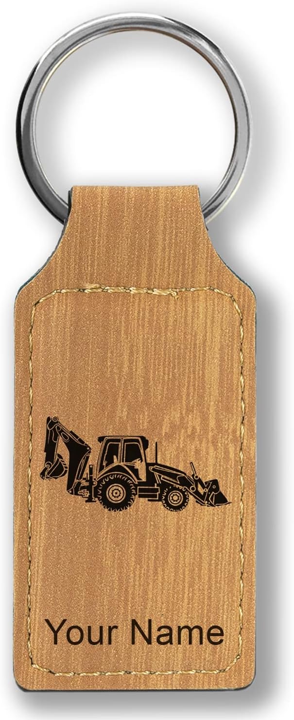 LaserGram Rectangle Keychain, Backhoe Loader, Personalized Engraving Included