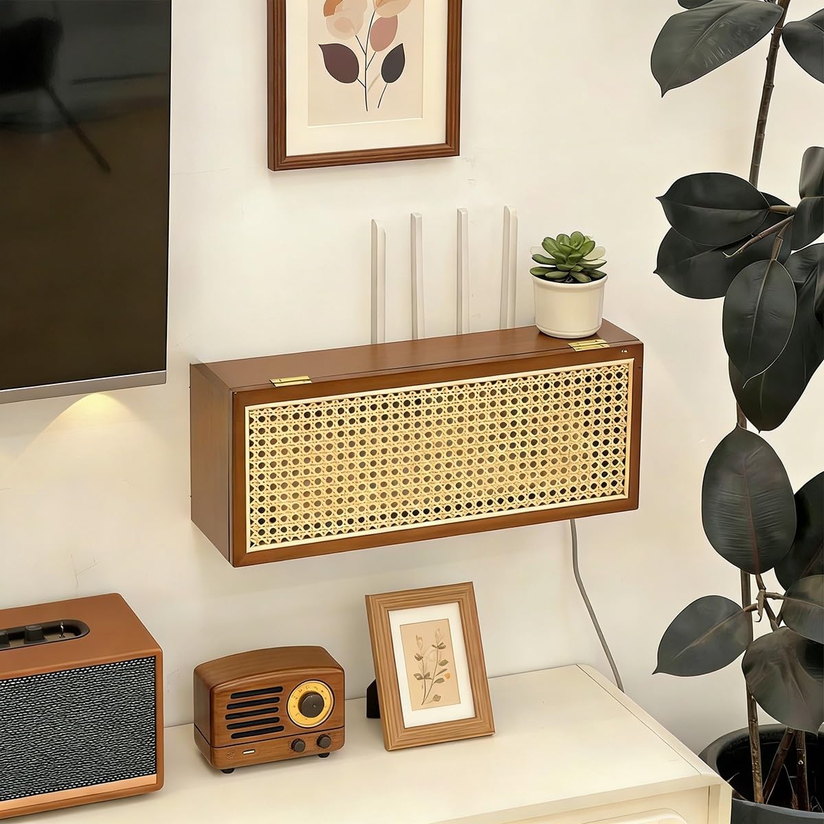 Cache Box Mural - Boîtier Rangement Routeur en Rotin et Bois Massif pour WiFi, Modem, Gestion Câbles, Déco Maison Mid-Century et Rustique