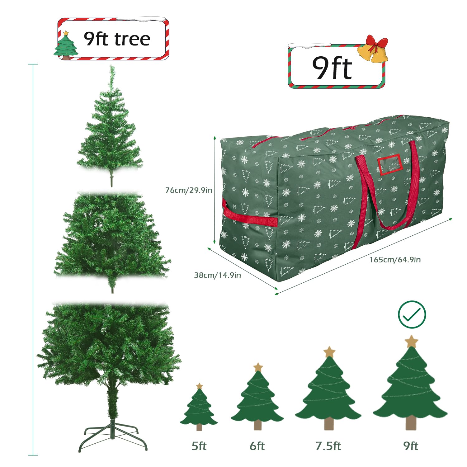 YiYa Christmas Tree Storage Bag for 9 Ft Heavy Duty 600D Oxford Xmas Tree Bag Waterproof Christmas Storage Container With Handles for Christmas Tree Garland(Green - Image 2