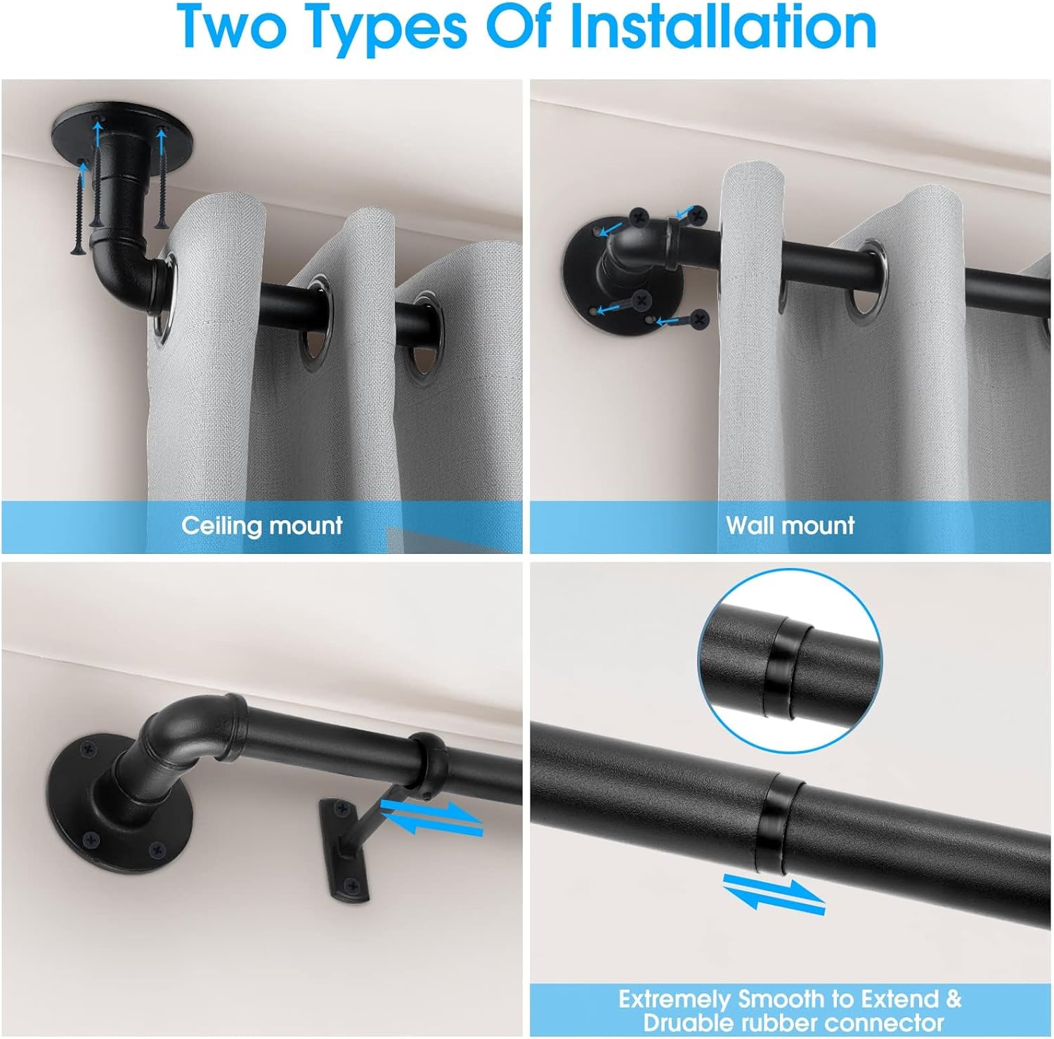 Industrial Curtain Rod Set with Brackets, 1 inch, 30-144" - Black Rustic Outdoor Hanging Curtain Rod for Windows 66 to 120