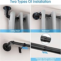 Vista 4 de Barra de cortina industrial, 1 pulgada, negro, 30-120" con soportes, montaje en pared/techo, acero de alto carbono, acabado de acero negro brillante