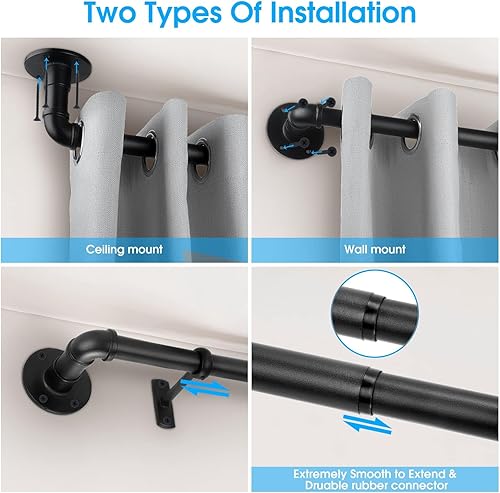 Miniatura 4 de Barra de cortina industrial, 1 pulgada, negro, rústico, 30-120" con soportes, montaje en paredtecho, acero de alto carbono, acabado de acero negro