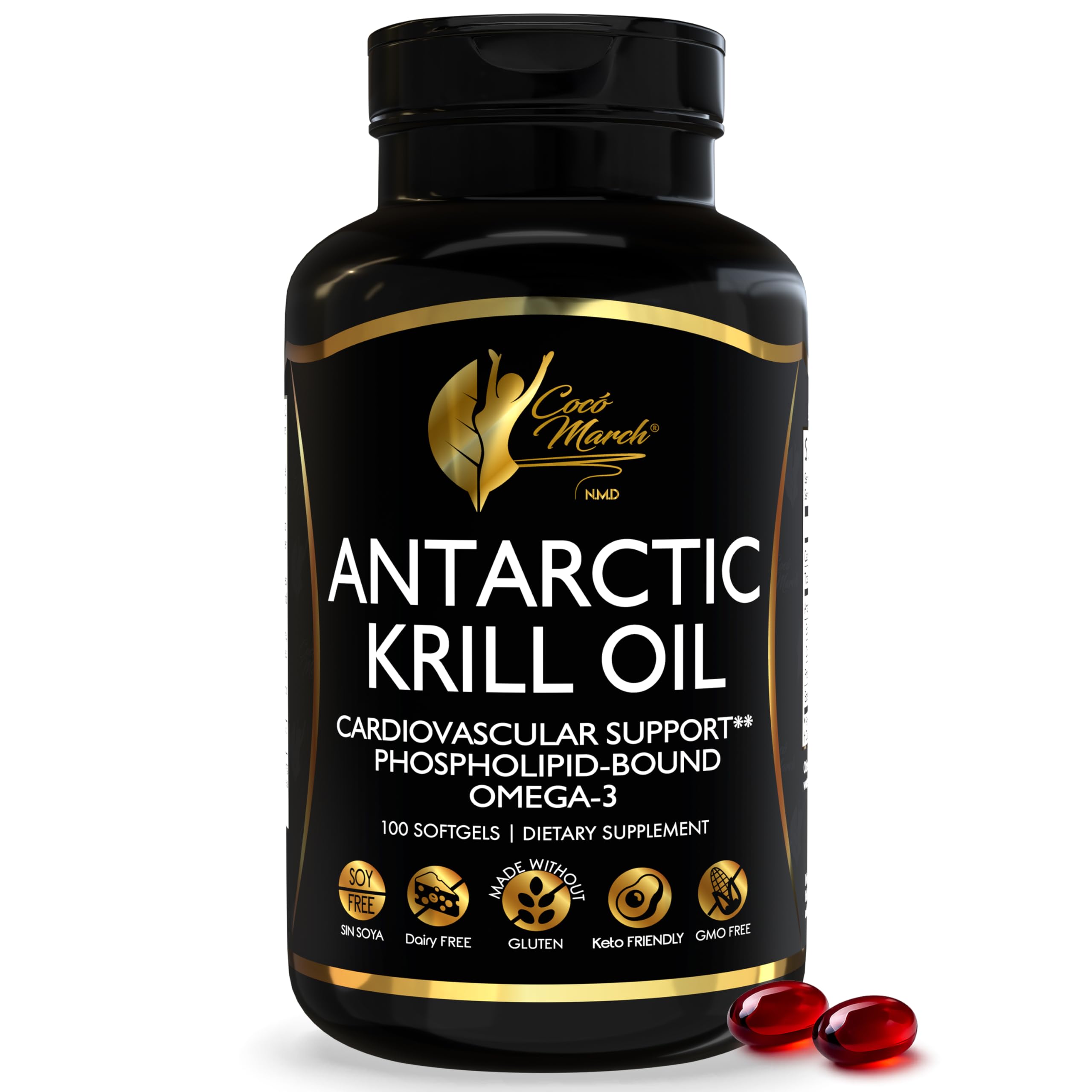 Cocó March N.M.D Pure Antarctic Krill Oil 1000mg – Omega 3 Fish Oil Supplement with EPA, DHA, Choline & Astaxanthin – Fast Absorption, Immune, Heart &