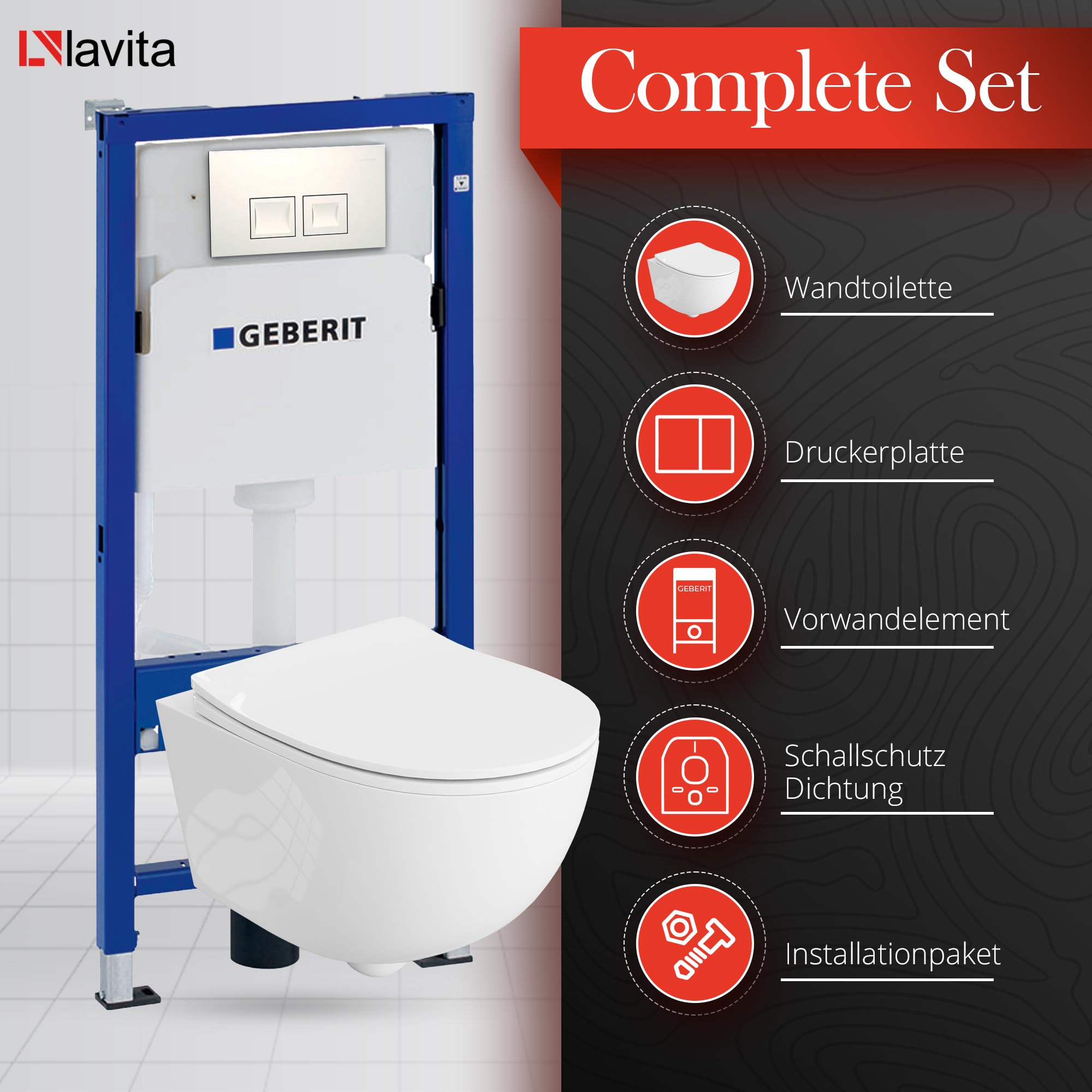 Lavita Duofix Basic Vorwandelement + Wand Tiefspül WC Brava Weiß Spülrandlos + WC Sitz + Bedienplatte Delta 25 Weißer Knopf Komplettset Unterputz Spülkasten Toilette Komplett Sett WC