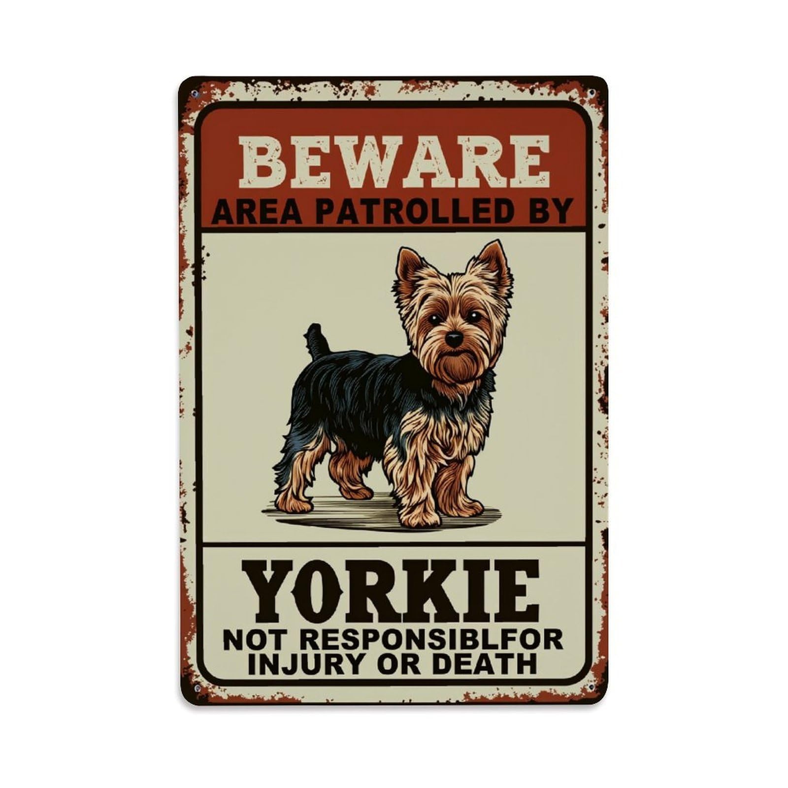 Enderetf Vintage Beware Area Patrolled By Yorkie Not Responsible For Injury Or Death Tin Sign Metal Poster, Home Bar Garage Man Cave Cafe Indoor & Outdoor Wall Decoration 8X12inches