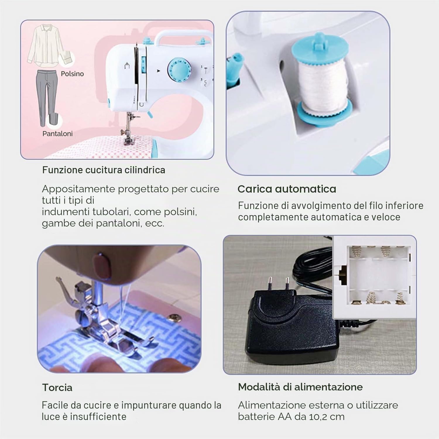 Mini macchina da cucire per principianti, 12 punti, per uso domestico, macchina da cucire multifunzione a doppio filo per bambini, alimentata a corrente e batteria, con luce LED (Blu)