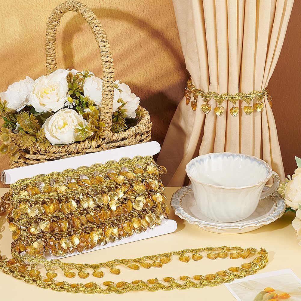 FINGERINSPIRE 10 Yards Hanging Fringe Lace 1-3/8 inch Wide Polyester Lace Ribbon with Champagne Yellow Bead Tassel Gold Metallic Braid Hanging Heart Beads Tassel Trim for Clothing Crafts