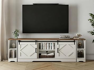 WAMPAT Farmhouse TV Stand for 85-95 inch TV with Distressed Wood Finish | 3-in-1 TV Cabinet with Cable Management,Sliding Barn Door,Adjustable Media Shelf,Hidden Storage Space,85.8.1"L*15.4D"*25.6"H