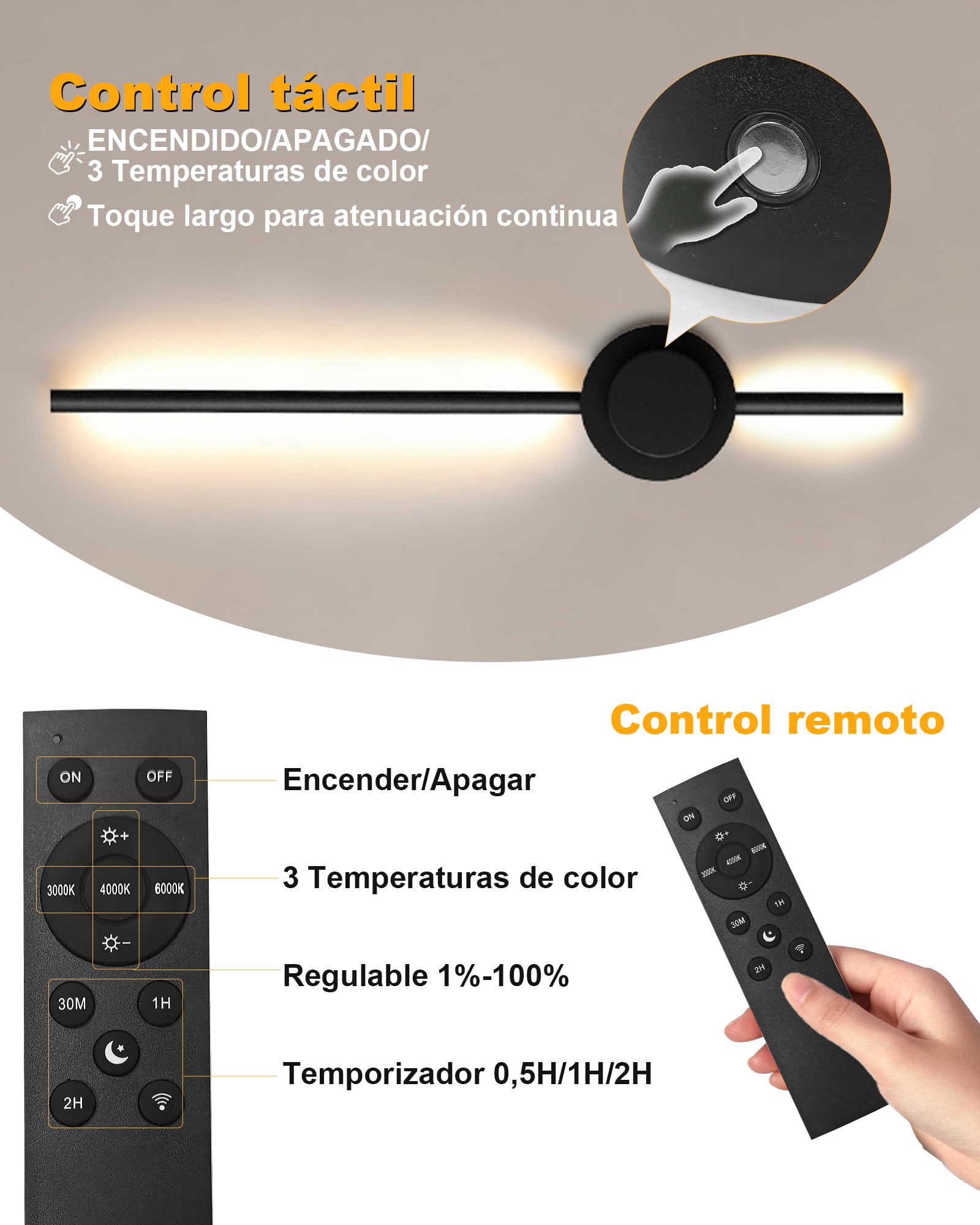 BRIMAX Aplique de Pared Inalámbrico, Dimmable 3000-6500K 70cm Negro | 5000mAh batería extraíble, táctil y mando remoto, temperatura ajustable, para salón, dormitorio, decoración