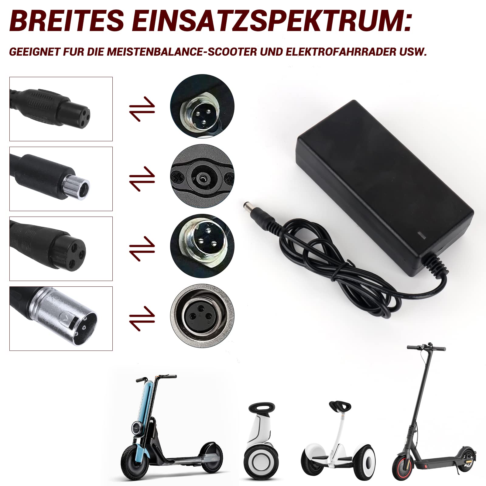 Foreverup Ładowarka do skutera, 42 V 2 A AC E Scooter kabel do ładowania, do deskorolki hoverboard, akumulator litowy (UE)
