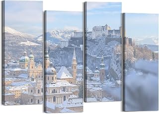 Canvas Wall Art Prints Pictures salzburg old city fortress winter snowy sunny day austria Framed Posters Modern Wall Painting Artwork Gift Home Decor for Living Room Ready to Hang 4 Panel