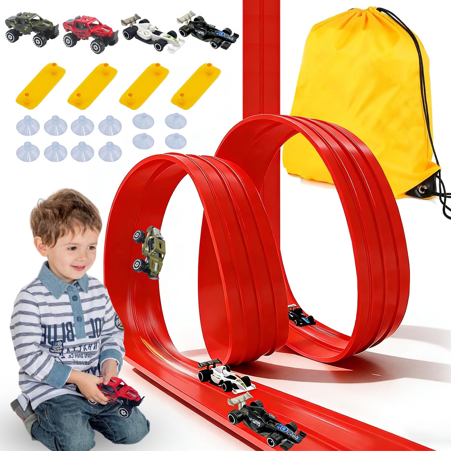 Pista de Coches para Niños, Pista Coches Flexible 4M, Pista De Carreras Portátil para Niños con 4 Coches, Pista de Coches Flexible, Circuito Coches Flexible, Regalo para Niño y Niñas 3 4 5 6 Años (M2)