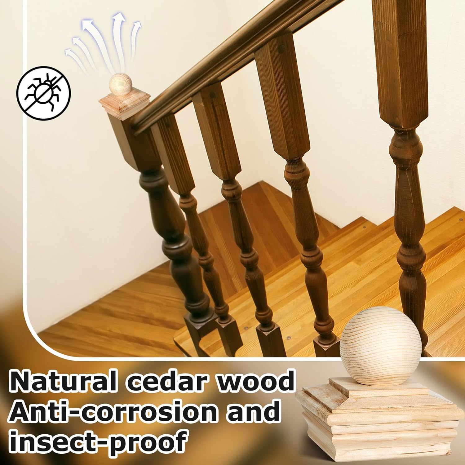 Hosuly 2 Pcs 4x4 (Actual 3-5/8") Wood Post Caps with Ball Finial, Rot Resistant Cedar Newel Post Cap for Outdoor Fence & Deck