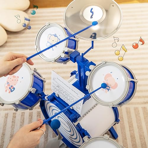 Miniatura 7 de Costzon Juego de batería para niños, kit de batería de jazz con taburete, platillo, baquetas y pedal, 5 tambores educativos de percusión musical,